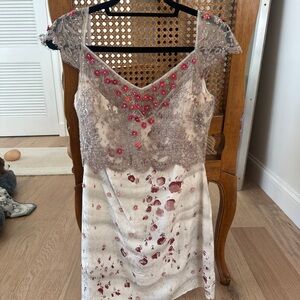 Badgley Mischka Beige Mini Dress with Pink Floral Details